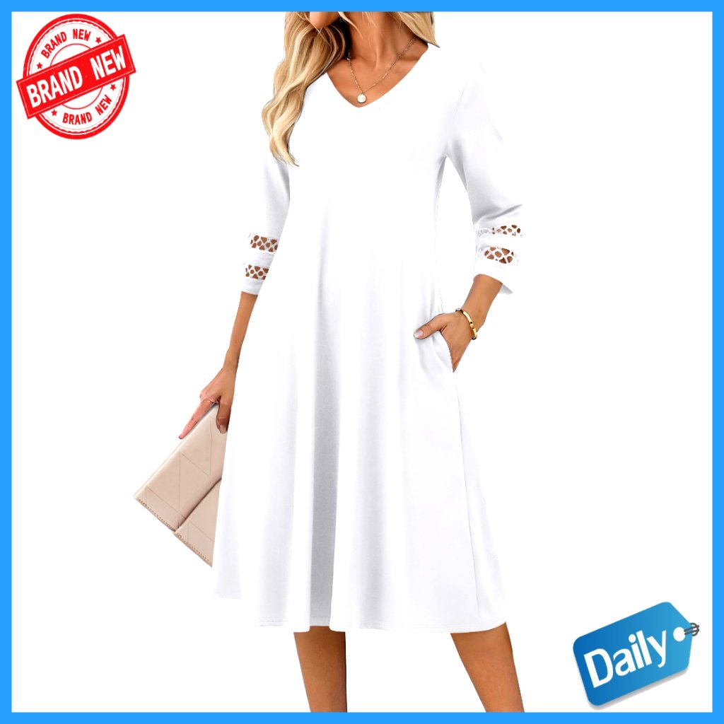 V-Neck Eyelet Midi Dress 3/4 Sleeve A-Line Flowy Summer Casual Elegant